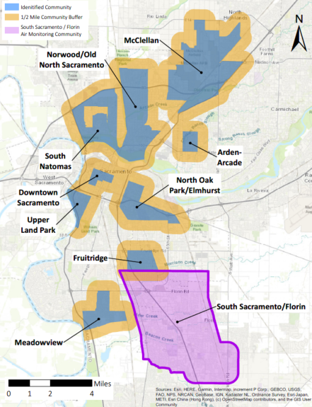Map showing the locations of the 10 identified communities in Sacramento County.